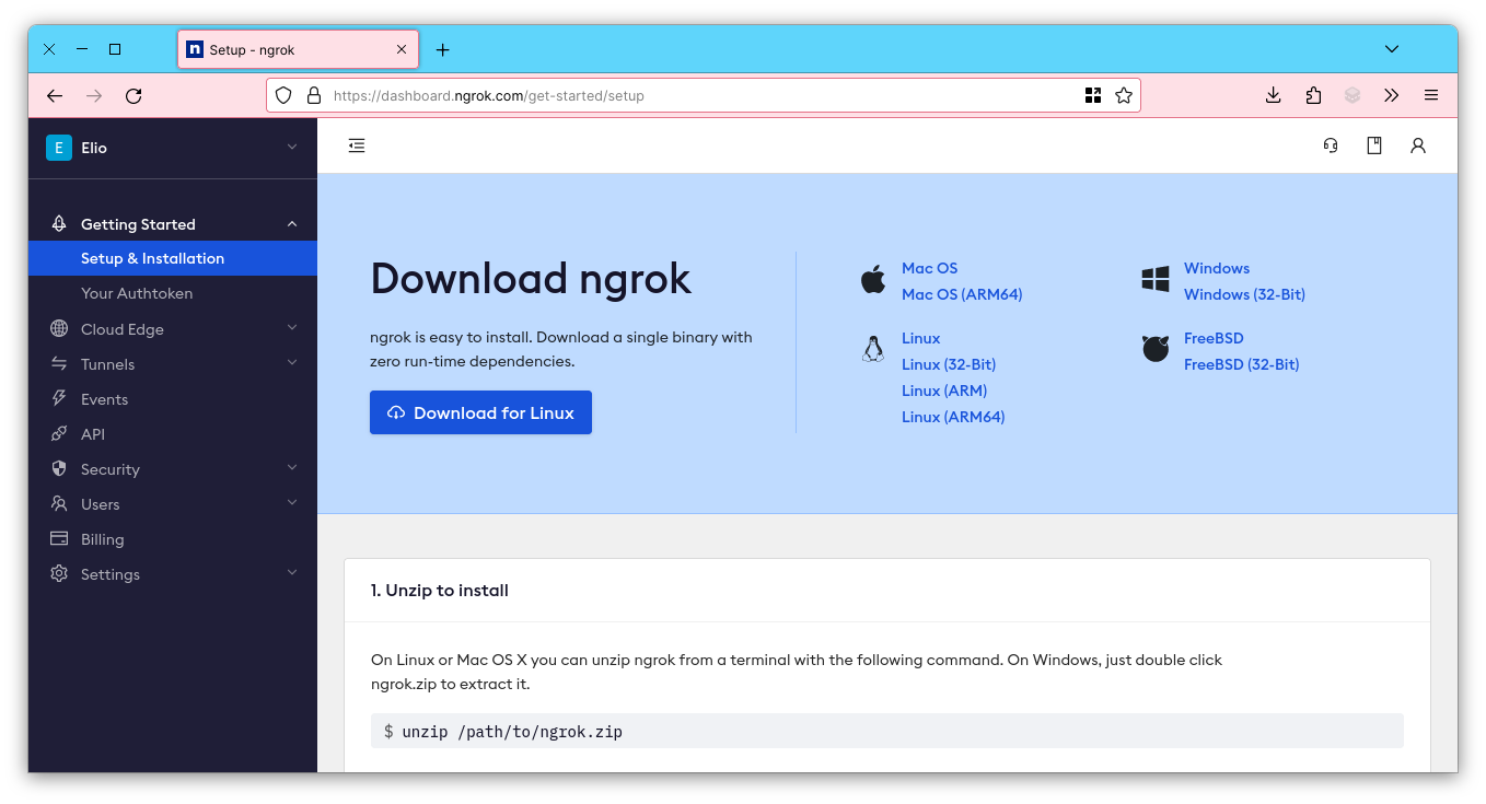Captura de pantalla de la pantalla de Setup e instalación de ngrok. Muestra un título grande que dice "Download ngrok" y un botón que dice "Download for linux". A la derecha, un listado de distintos sistemas operativos.