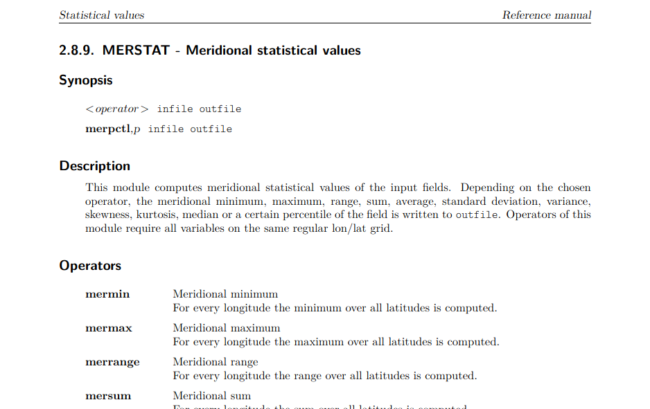 Screenshot of the documentation for MERSTAT - Meridional statistical values