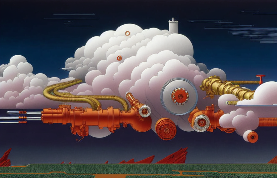A drawing of a cloud with mechanical bits, such as a pump and tubing.