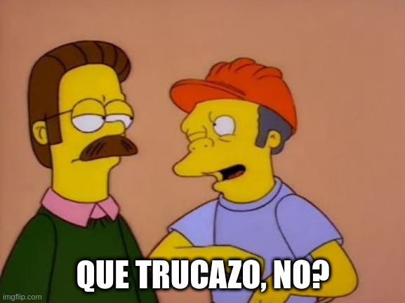 Captura de Los Simpsons cuando Moe le pega un codazo a Ned y le dice 'Que trucazo, no?'