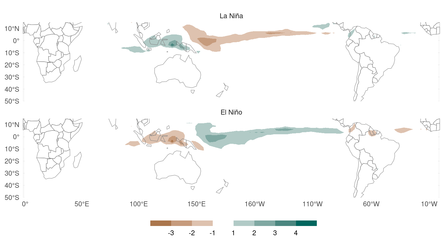 Maps of the Southern Hemisphere (10ºN to 50ºS) with filled contours. The patterns of contours are similar to the first figure. This time the values for both panels are much lower in general and equal in magnitude between them.